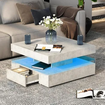 Image LED Coffee Table with 2 Storage Drawers for Living Room Square Center Middle Table Modern Cocktail Table with Light