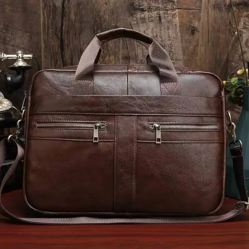 Borsa a mano in vera pelle Strato superiore in pelle bovina Valigetta da lavoro impermeabile Documento per riunioni di grande capacità Borsa per computer da 15 pollici