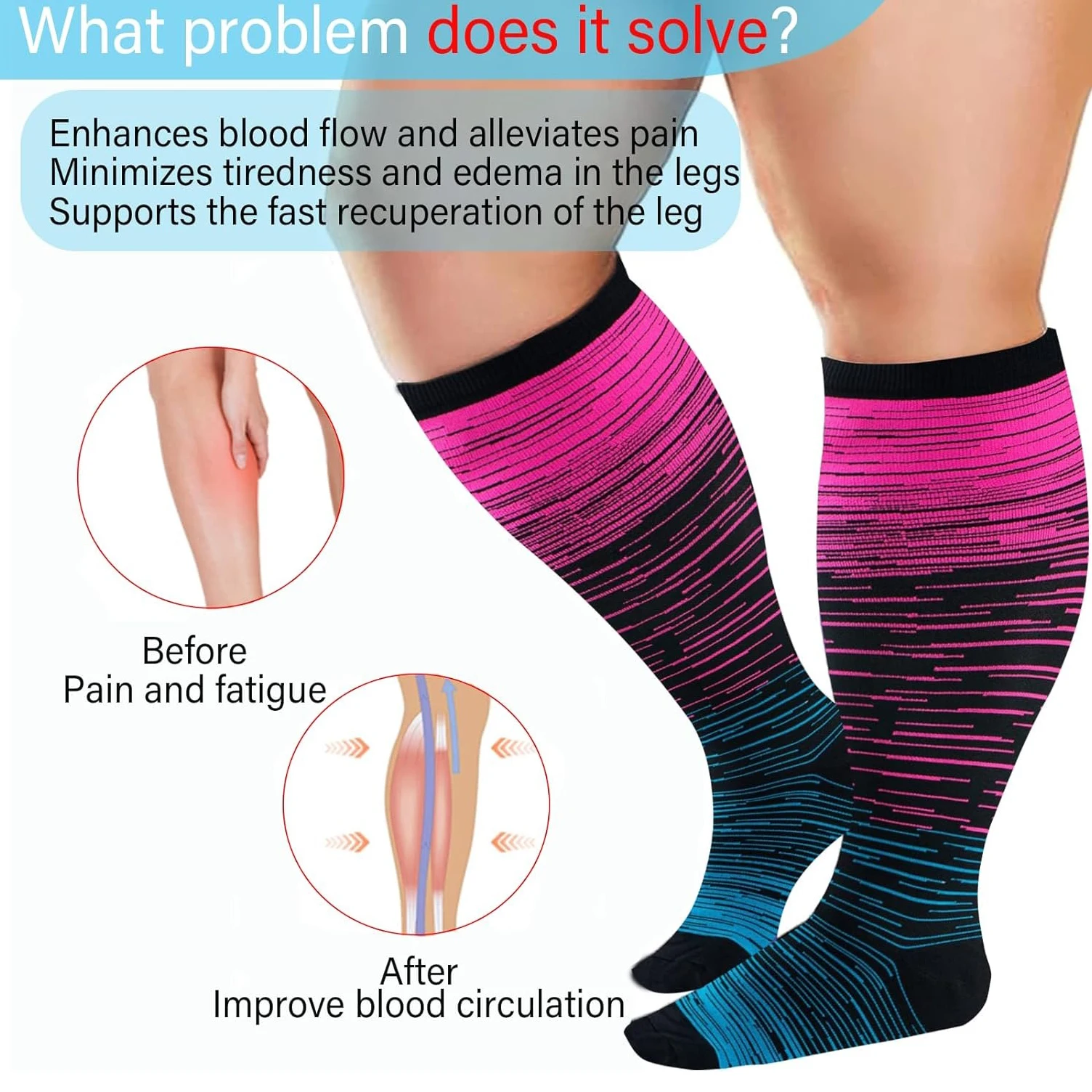 1 Pair Premium Plus Size Compression Socks - Unisex, Wide Calf, Graduated Support for Running, Hiking,for Enhanced Circulation