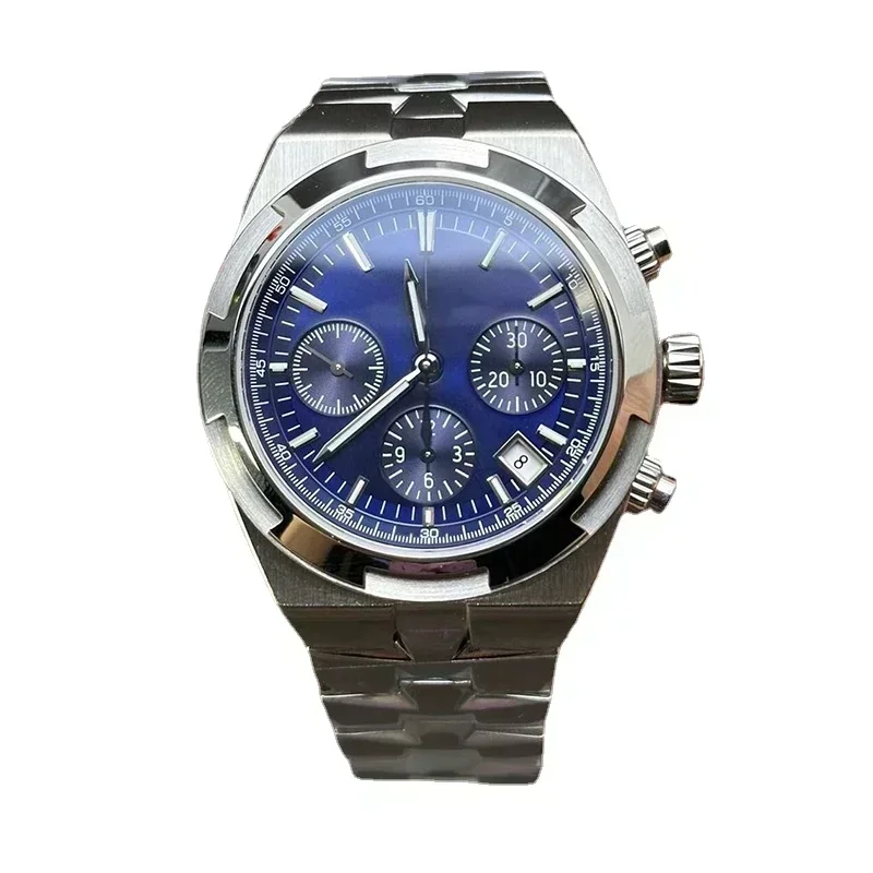 Men's 41MM Automatic Mechanical Overseas Watch Black Blue Stainless Steel Bracelet