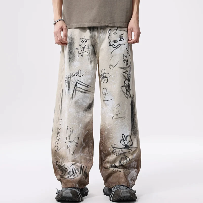 

American High Street Graffiti Ripped Jeans Men Streetwear Fashion Hip Hop Vibe Loose Casual Denim Baggy Jeans Pants Trousers
