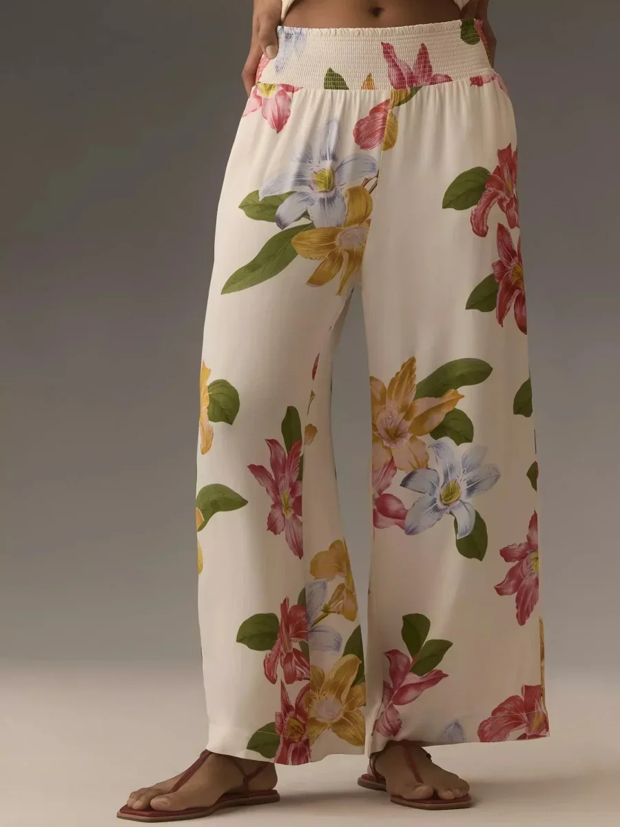 Women's Spring Summer Baggy Pants Elastic Waistband Loose Wide Leg Floral Pants