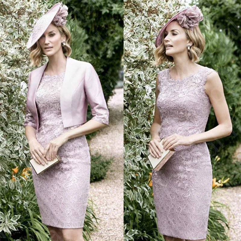 2022 Latest Light Lilac Mother of the Bride Dresses Lace Short Wedding Party  with Jacket   Knee Length