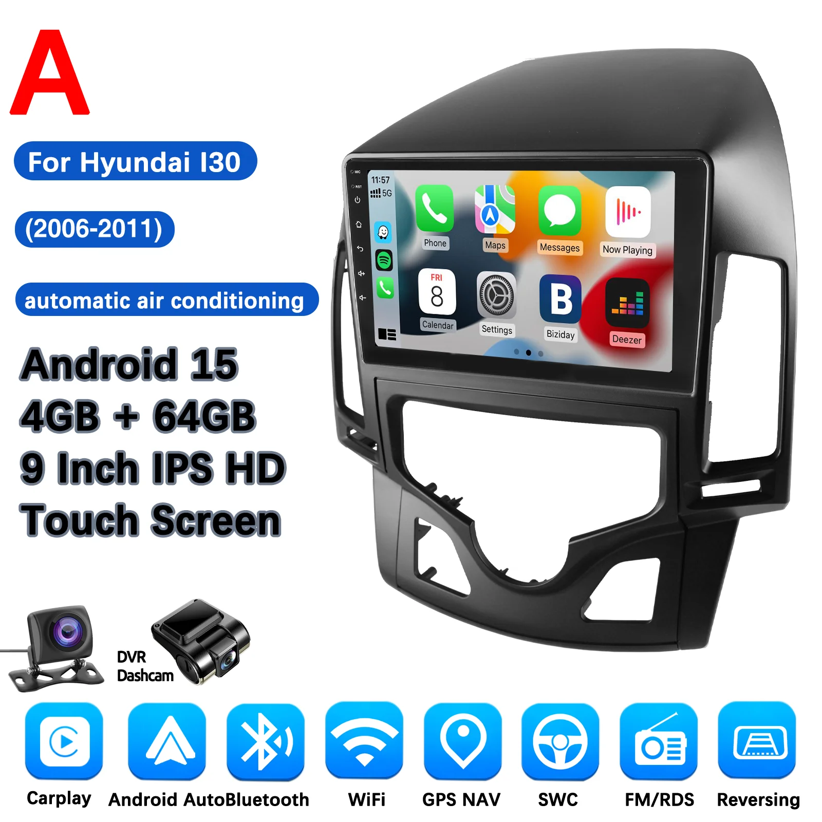 MOPECT 4+64GB Android 15 autoradio voor Hyundai I30 AT/MT 2006-2011 multimediaspeler GPS 2DIN autostereo draadloze CarPlay FM/AM