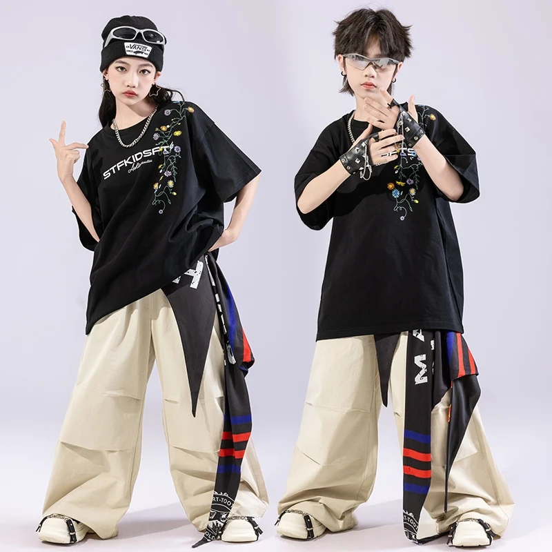 Teenager Hip Hop Kleidung Street Dance Outfit Schwarz T-shirt Khaki Hosen Baggy Jogger Tragen Mädchen Jungen Jazz Performance Set BL16578