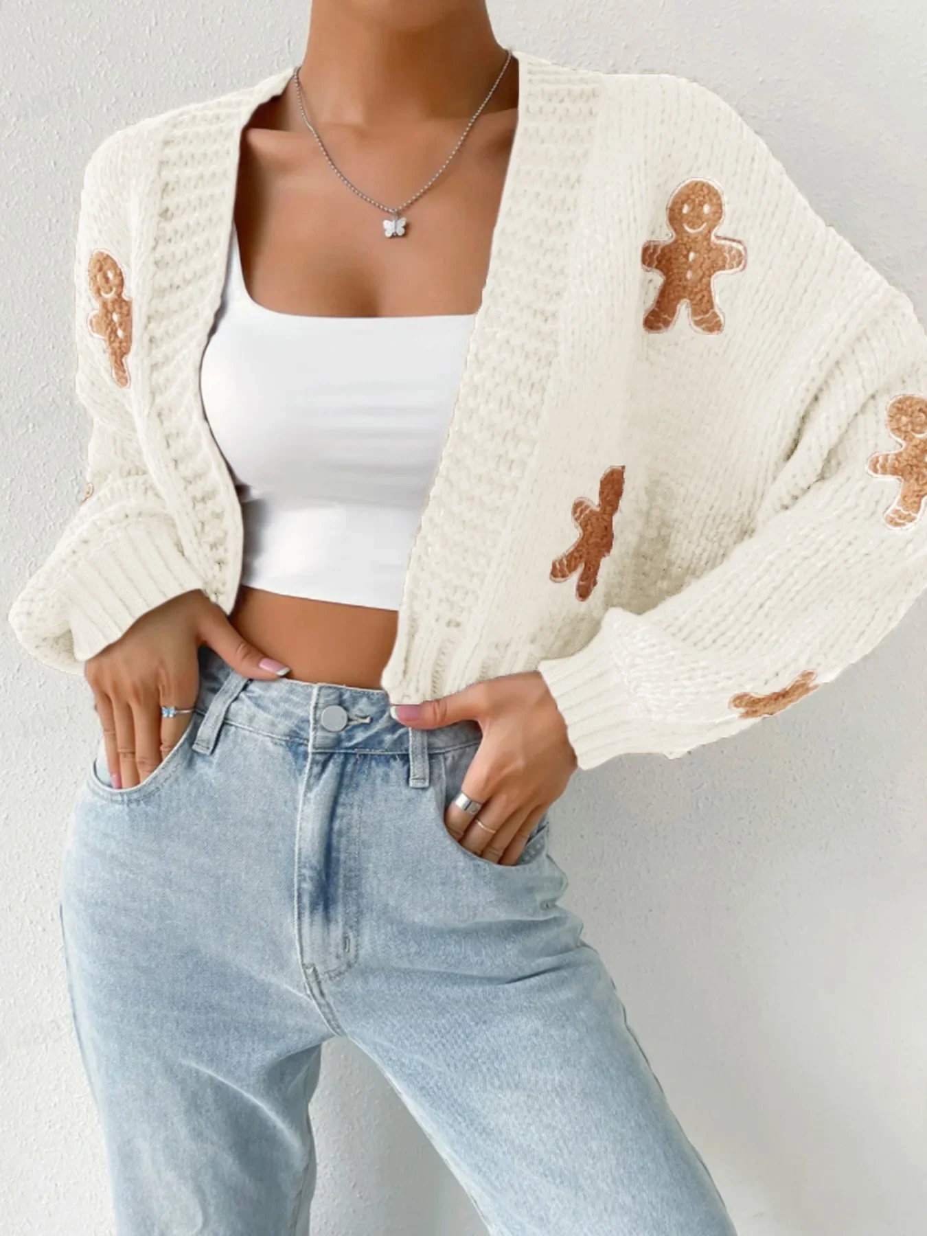 BOBO Cute Gingerbread Man Knitted Sweater Coat Women Autumn New Casual Long Sleeve Cropped Jumper Sweet Cardigan Sweaters Y2K