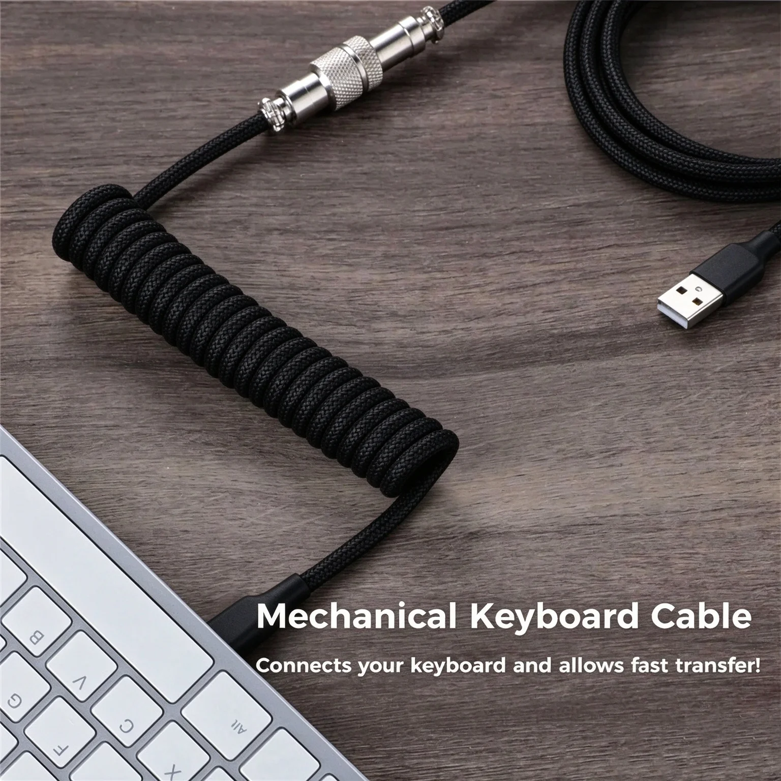 Coiled Mechanical Keyboard Cable USB-C to USB-A Double Braided Sleeve Detachable Metal Aviator Plug forPC Gaming Desk Setup