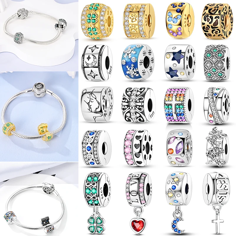 

Cat Butterfly Daisy CZ pave Clip Charms Positioning Buckle 925 Sterling Silver Silicone Spacer Beads Fit Original Racelet DIY