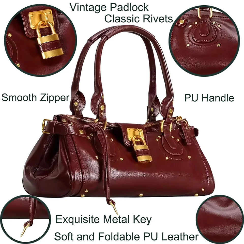 Vintage Y2K Lock Top Handle Bag für Damen, PU-Leder-Handtasche, Retro-Nieten-Unterarmtasche, Motorradtasche, Umhängetasche – Detail 5