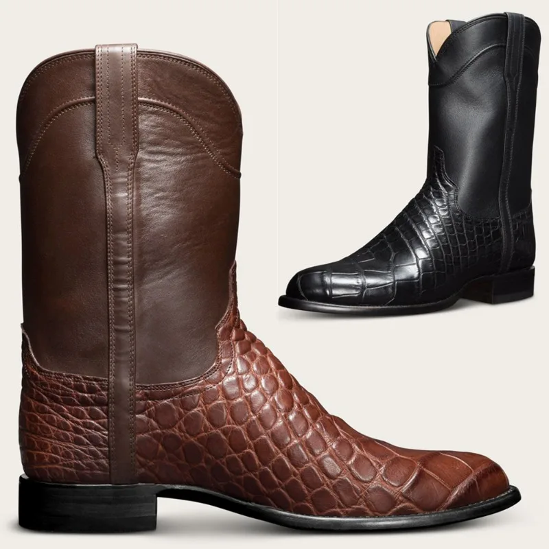 

Men's Boots Slip on Western Cowboy Boots Retro Crocodile Pattern Mid-calf Boots Outdoor Wide Toe Leather Boot Handmade Work Boot