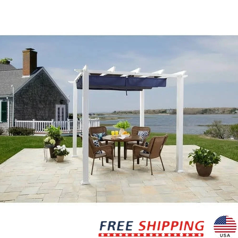 

Durable Steel Pergola with Retractable Canopy All Weather Garden Patio Deck Canopy Adjustable Shade Outdoor Dining Entertainment