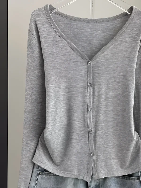 Gray Sun Protection Open Cardigan Summer Strap Outerwear Loose V-neck Long Sleeve Top Women's Commute Style Loose Fit Cotton