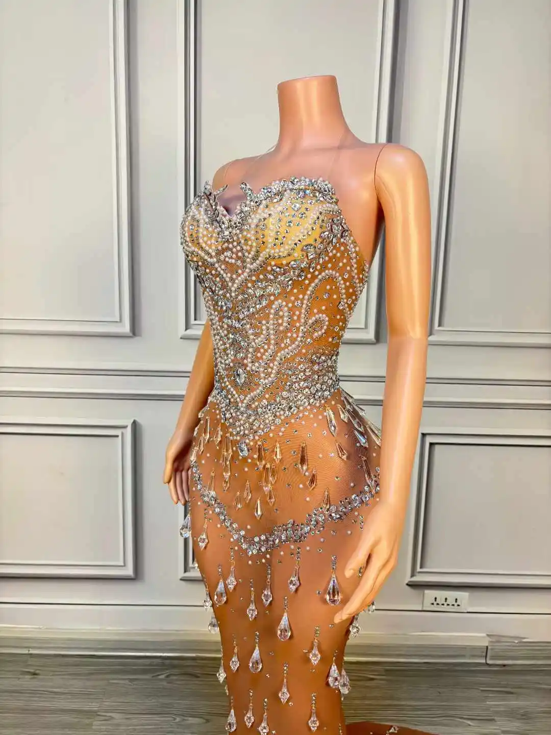 Floor Length Backless Sparkly Rhinestone Dress For Women Birthday Evening Prom Wedding Dressy Celebrate Carnival Stage Wear