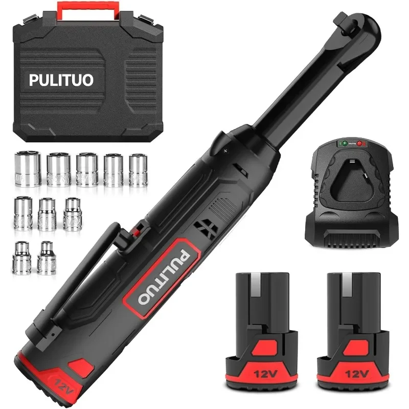 

PULITUO Extended Cordless Electric Ratchet Wrench 3/8'', 40 Ft.lbs Max Torque Power Ratchet Wrenches Tool Kit 2.0Ah Batteries