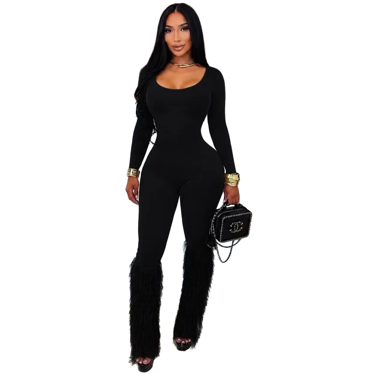 Customized LOGO women's European and American sexy U-neck long-sleeved high-waisted tassel slim-fitting party jumpsuit