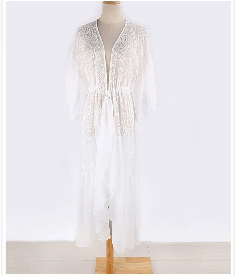 2025 Holiday Chiffon Lace Embroidery Beach Cover Up Sexy Cardigan Loose Casual Sun Protection Shirt Cover Up Cardigan