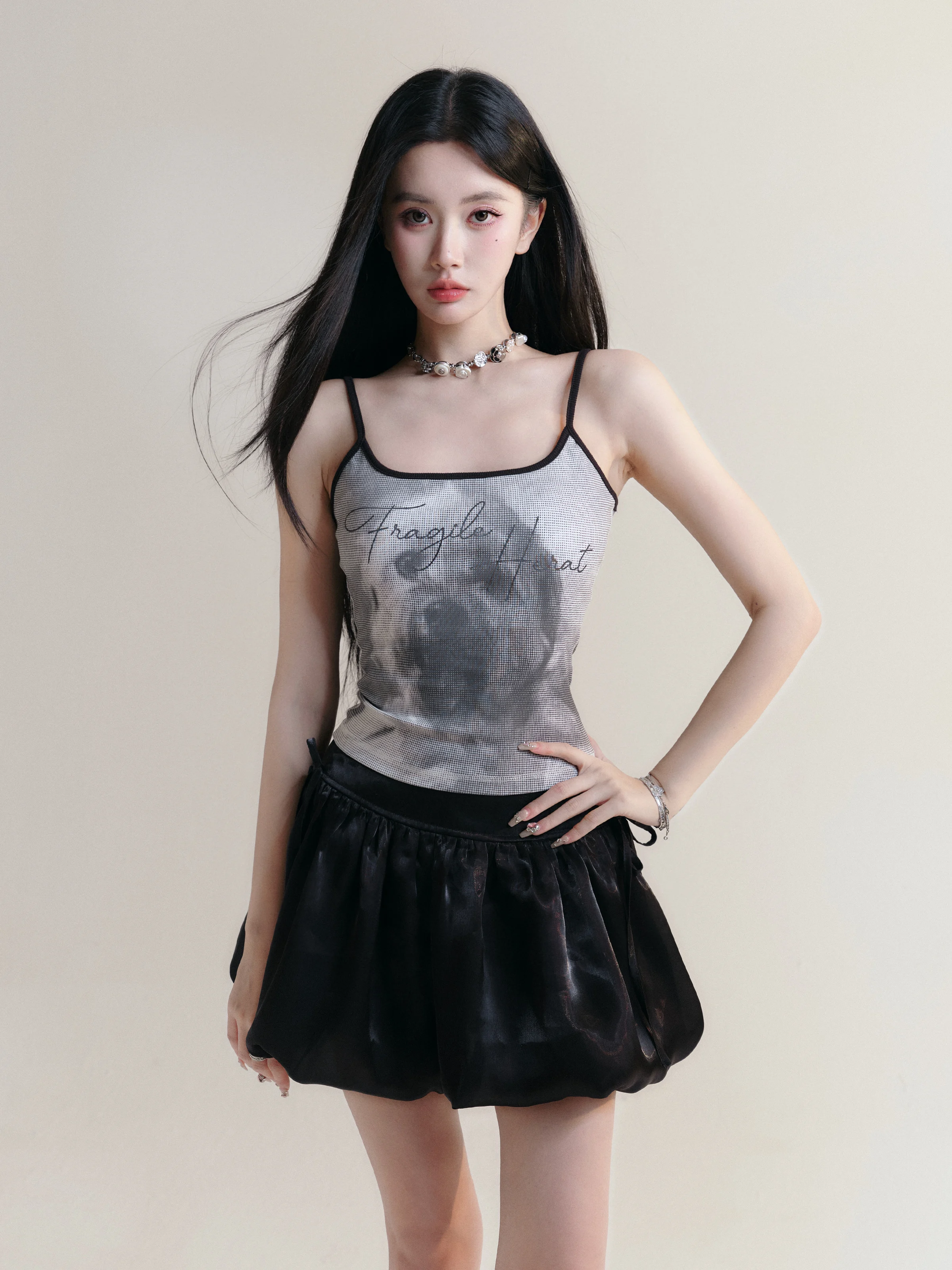 Fragile Heart Korean Style Polyester Short Puffy Skirt with Flower Bud Design Versatile Half-length Euro Organza A-Line Skirt