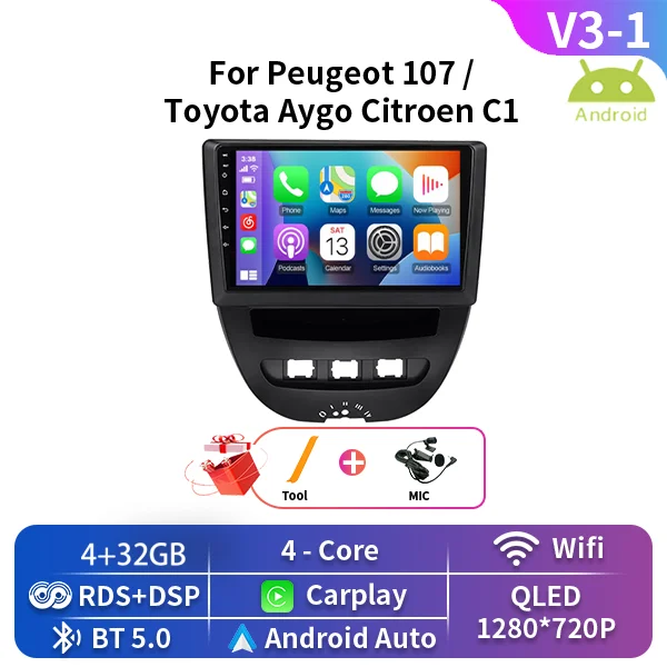 For Peugeot 107 For Toyota Aygo Citroen C1 2005-2014 Android Car Multimedia Video Player Navigation GPS 4G Carplay 2 Din Stereo