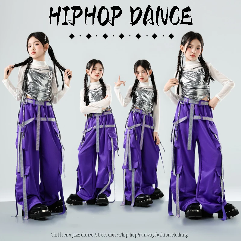 

Детская танцевальная одежда в стиле хип-хоп для девочек, серебряный жилет Kpop, фиолетовые брюки-карго, одежда для джазовых танцев, сценическая одежда BL18272