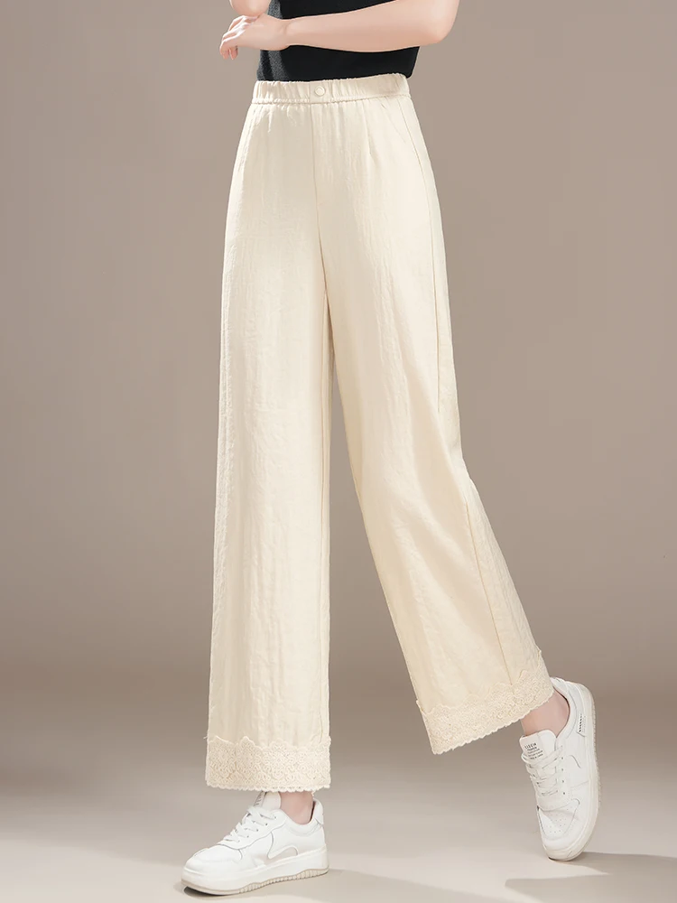 

Summer Thin Ice Silk Linen Wide Leg Pants Women's High Waist Drapey Casual Nine Point Straight Cut Trousers Korean Style Commute