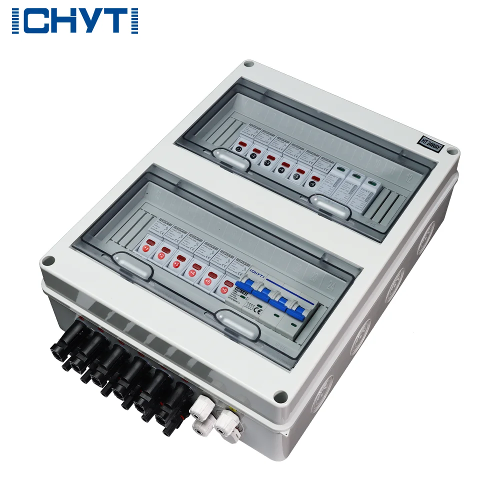 IP65 15A plastic DC solar connector with lock indicator, lightning surge protection, 6-string PV array, 6 in 1 out combiner box.