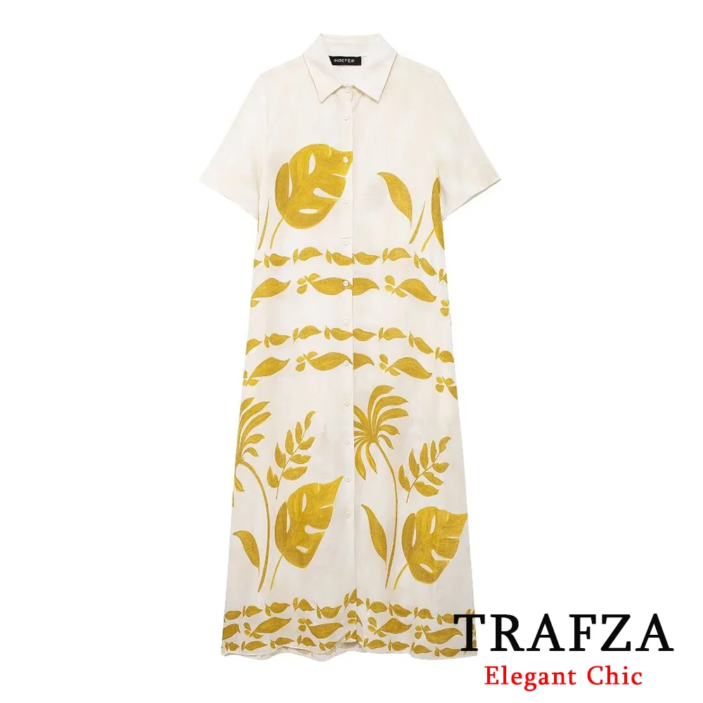 TRAFZA Casual Women Print Shirt Dress Fashion 2024 Summer Long Dress Elegant Female Dress Party Office Lady Dress