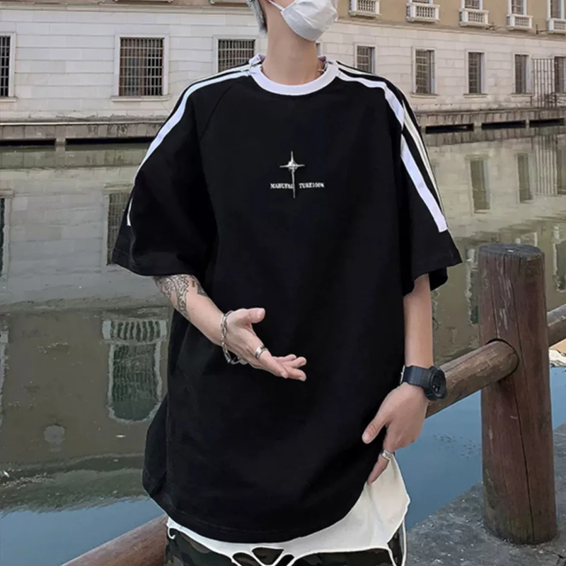 high street zipper Cold Shoulder men o neck short sleeve t shirt summer Retro hip hop gothic oversized clothing tops black white