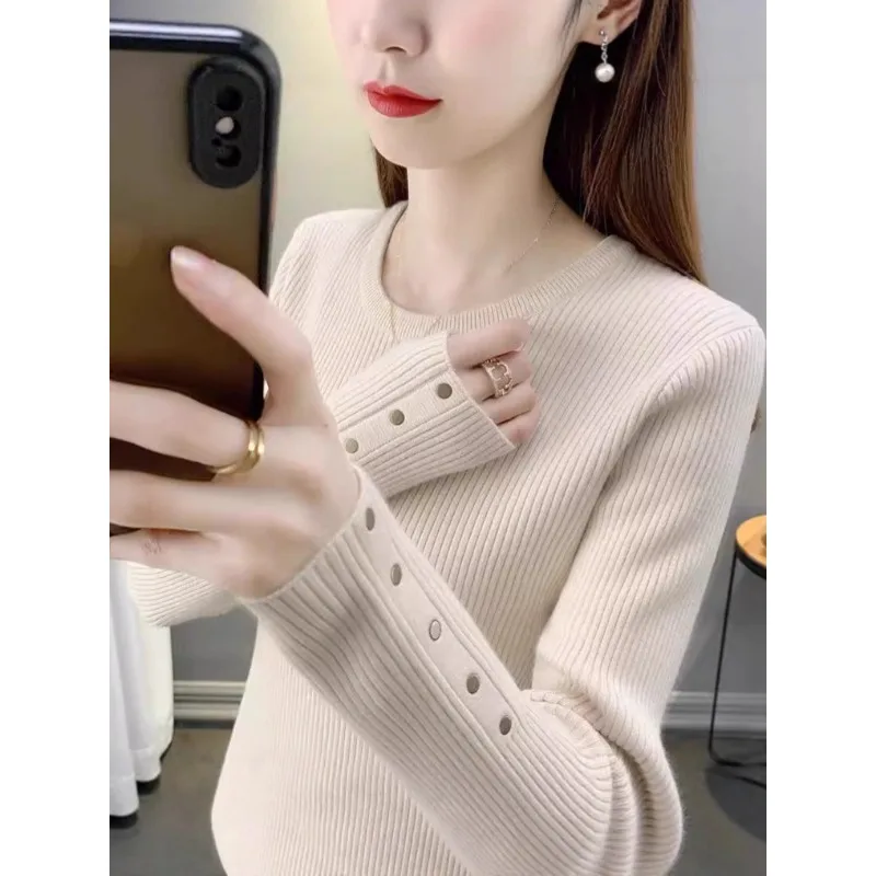 

Новая осенне-зимняя теплая вязаная нижняя рубашка, женский пуловер, свитер с круглым вырезом, куртка, женский свитер с длинными рукавами, топ