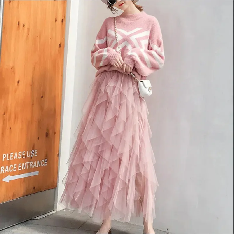 Tulle Skirts for Women Long Length Tutu Fairy Tiered Skirt A Line Mesh Elastic Waist Skirts Big Hem Black Gray Pink Beige Skirts image 5