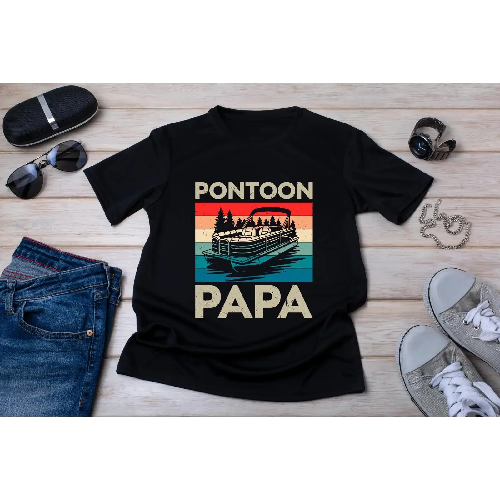 May include Black t shirt featuring a vintage style graphic of pontoon boat and the text Papa vintage Washed Casual Versatile
