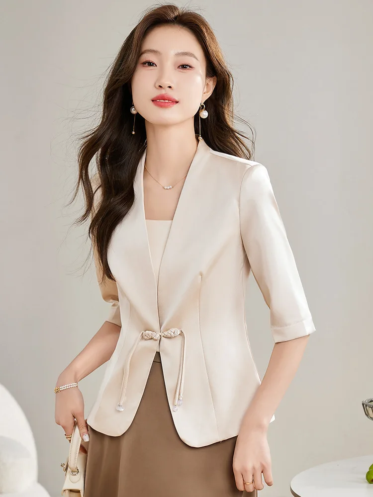 

Champagne Suit Jacket Women's Summer Thin Small Graceful and Fashionable Slim-Fitting Suit New Chinese Style Chinese Style Coat