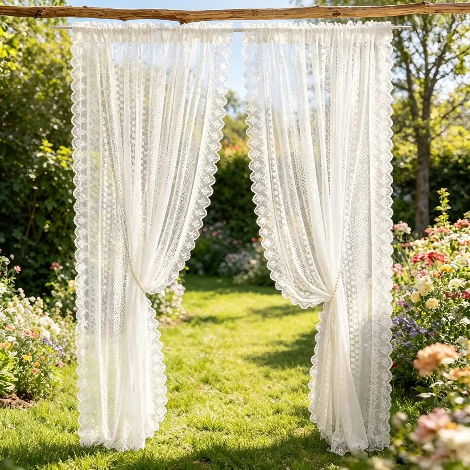 French Country White Romantic Jacquard with Lace Tirm,Window Screen Tulle For Living Room Curtains Balcony Bedroom Sheer Drapes