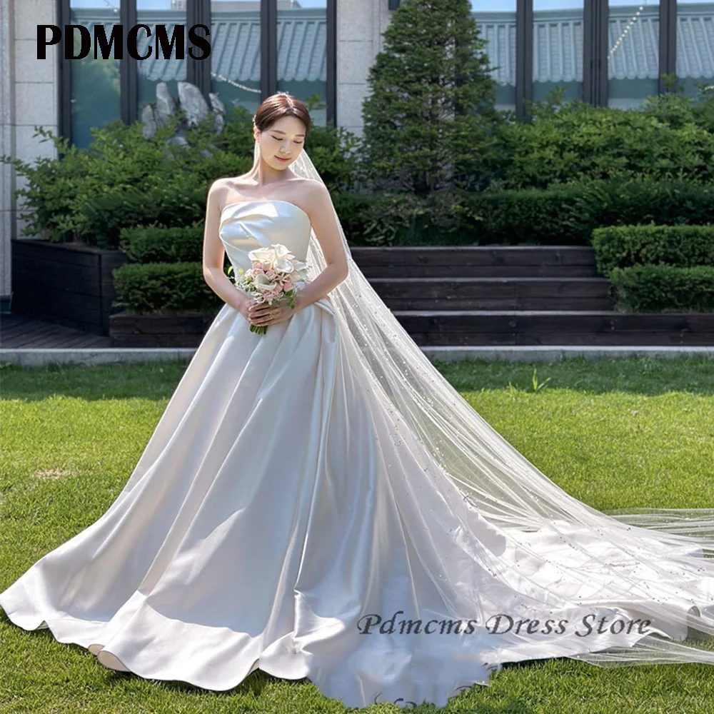 Gaun pernikahan Satin Korea lembut garis A elegan gaun pengantin putri terbungkus tanpa tali pemotretan buatan kustom Bespoke