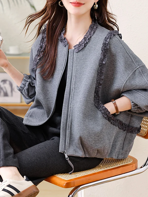 

Faionable ort Loose Women's Jaet with Wood ain Ruffle Splice Large Size Autumn New Arrival Ele Ladies' Top