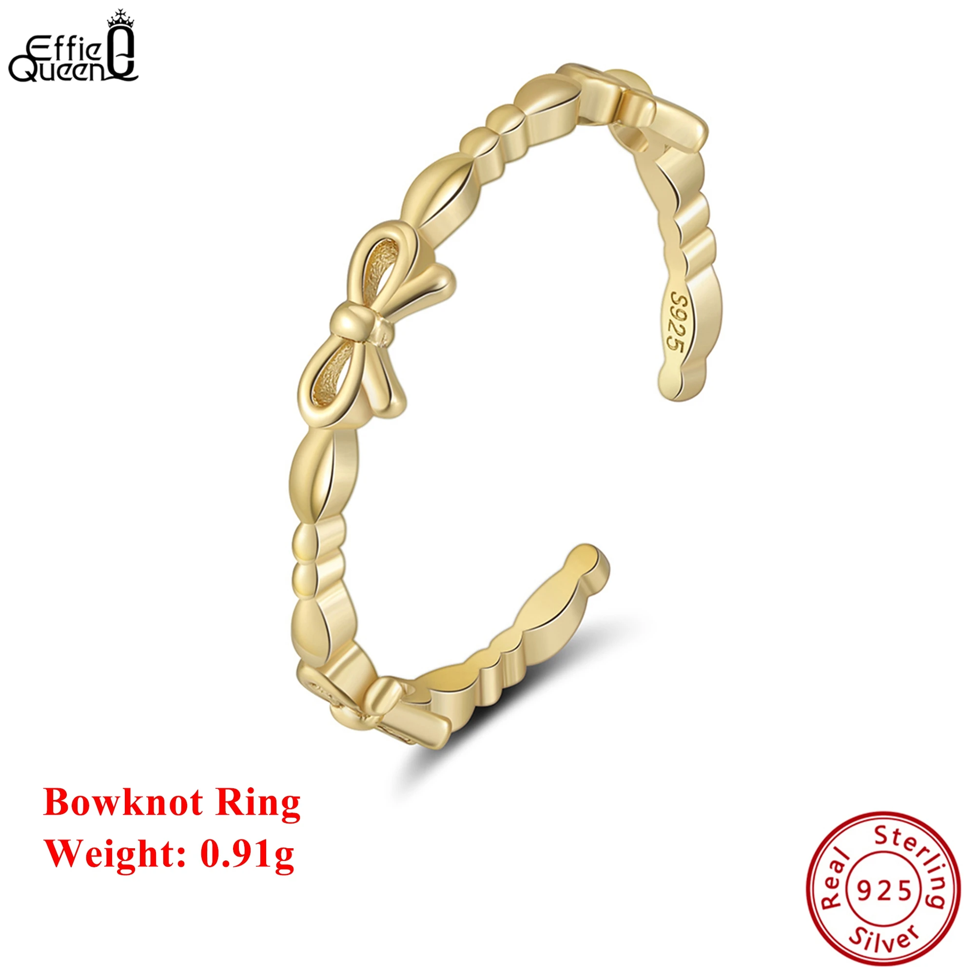 

Effie Queen S925 Серебряное кольцо с бантом из 14-каратного золота, простые украшения для женщин и мужчин, подарок на свадьбу, день рождения, одинаковые пары SR331