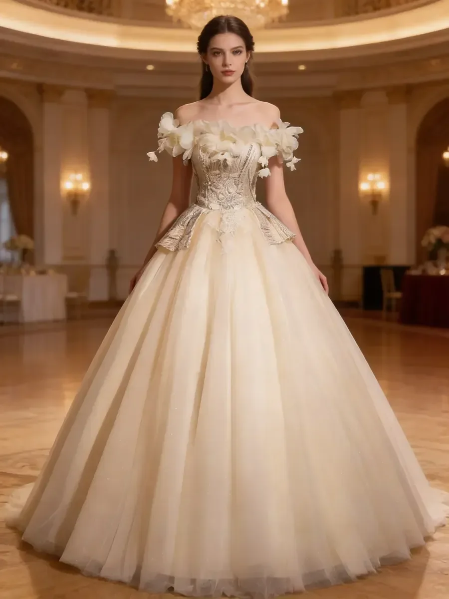 Champagne Off Shoulder 3D Floral Beaded Ball Gown for Quinceanera Birthday Graduation Evening Party Formal Occasion
