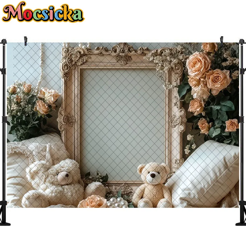 보호 사진 배경 귀여운 장난감 곰 사진 프레임 장식, 신생아 초상화 사진 배경, 스튜디오 소품 배너
