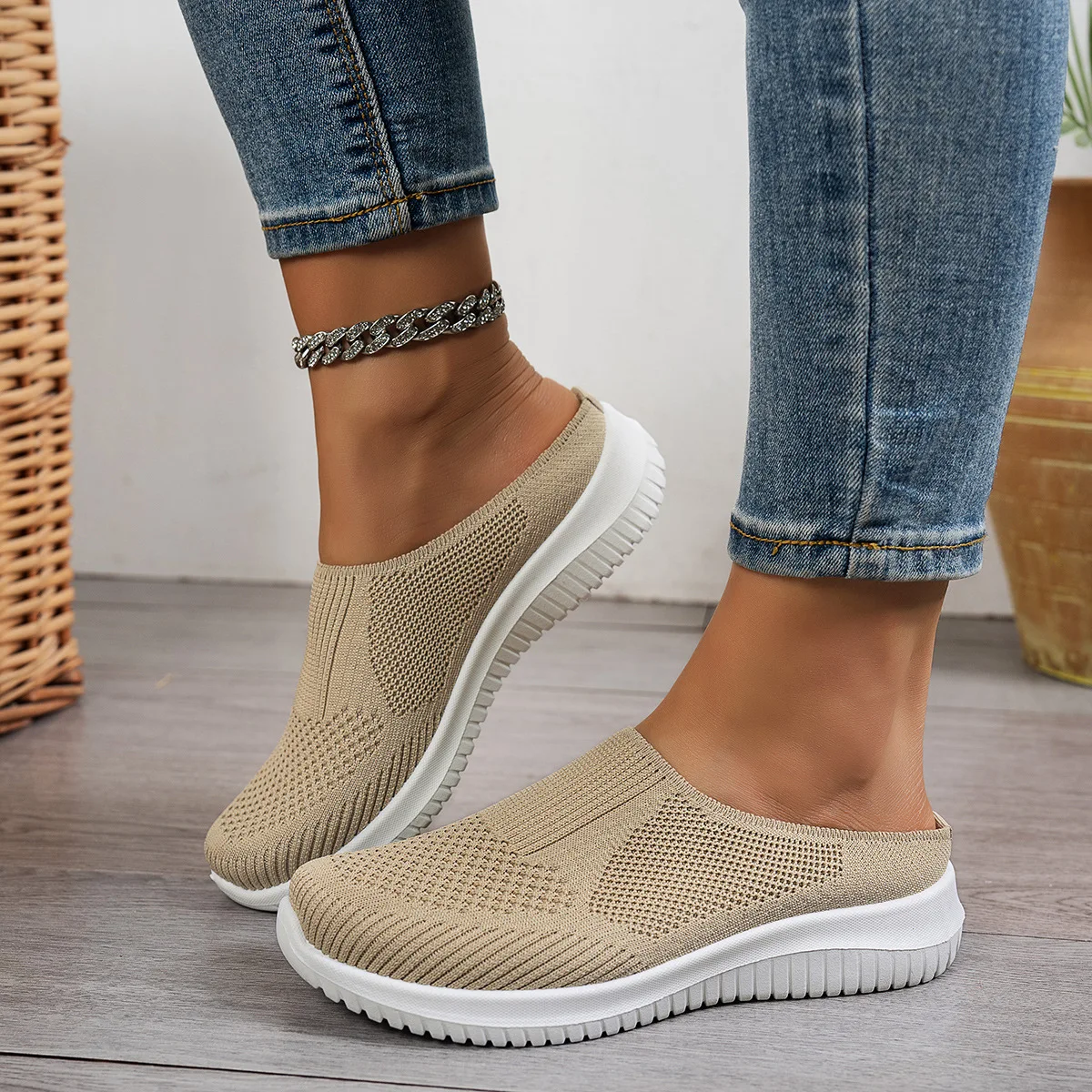 Polyester Rückenfreie Slip-On Mules für Damen, Atmungsaktiv, Rutschfest, Weiche EVA-Einlegesohle, Niedriger Absatz, Tägliche Geh- und Freizeitschuhe – Detail 3