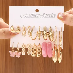 10 Pairs Set Of Delicate Butterfly Pendant Imitation Pearl Design Hoop Earrings Trendy Female Gift For Valentine's Day