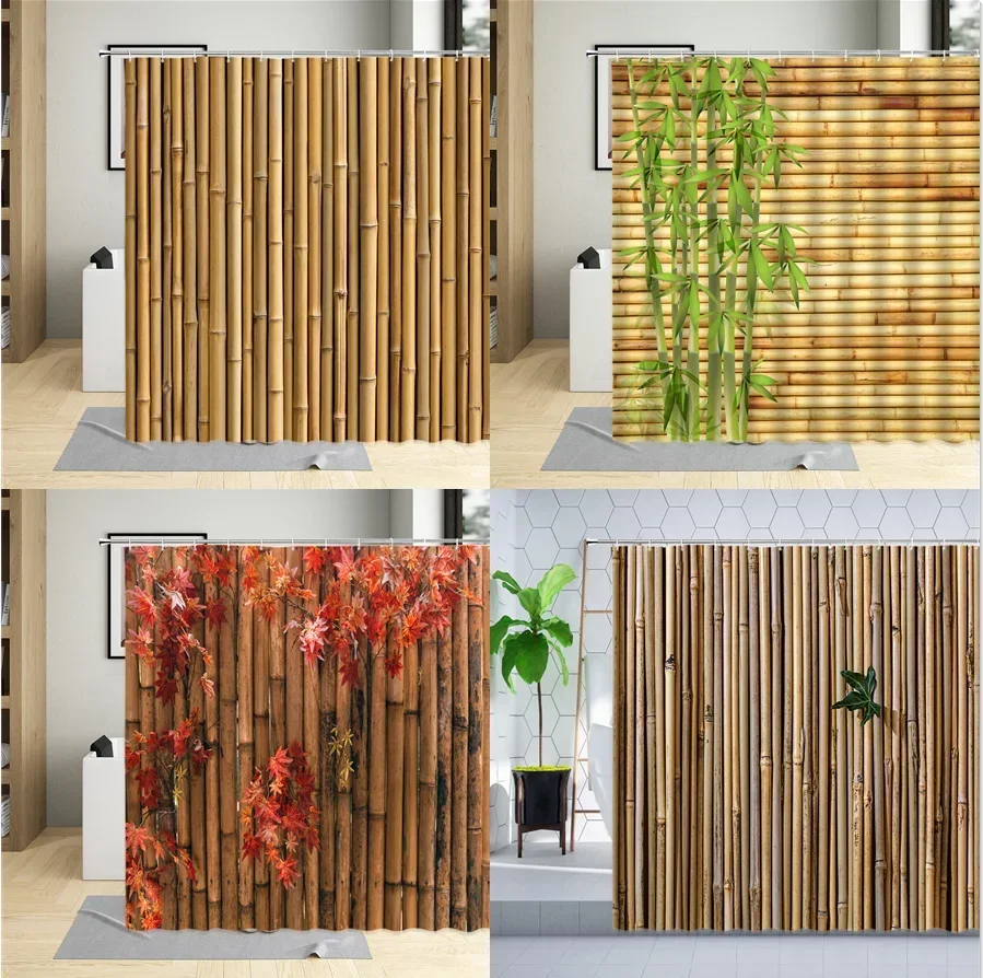 Green Bamboo Shower Curtain Plants Tree Maple Leaf Wooden 3D Printing Wall Decoration Bathroom Polyester Curtains Set With Hooks