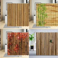 Green Bamboo Shower Curtain Plants Tree Maple Leaf Wooden 3D Printing Wall Decoration Bathroom Polyester Curtains Set With Hooks