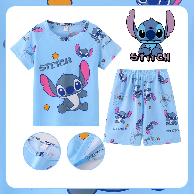 2024 Disney Stitch Children Pajamas Set Summer Short Sleeve Pants Minnie Pyjamas for Kids Boys Girls Cartoon Home Sleepwear Suit