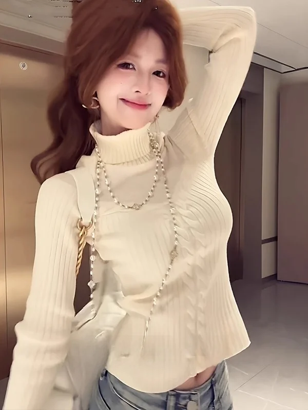 

Женский свитер Ele с вырезами и узором косы, облегающий, с высоким воротом, осенне-зимний, новый, модный, повседневный, вязаный топ