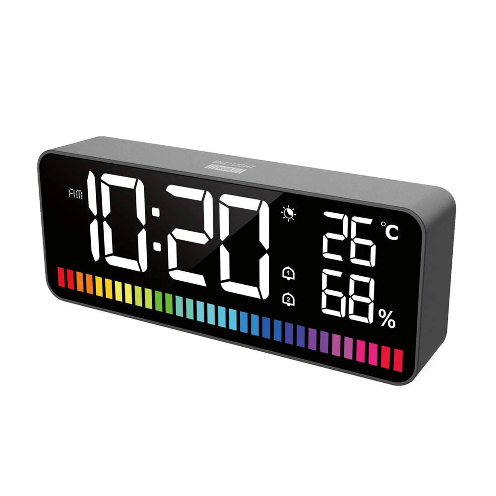 Rhythm Light Bar LED Dual Alarm Clock 15 RGB Color Sound Control Night Light Digital Thermometer Hygrometer Audio Companion