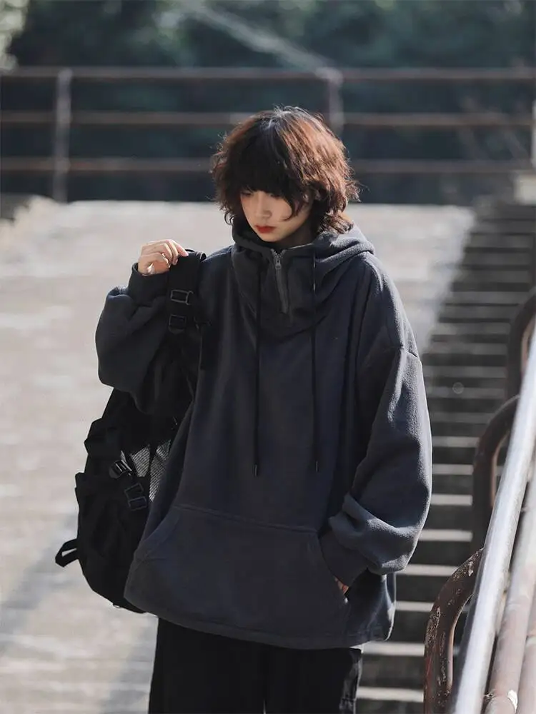 A Yu Dai Japanese Retro Fleece Lined Hoodie Women's & Men's Loose Fit Thickened Pullover Autumn Winter American Style