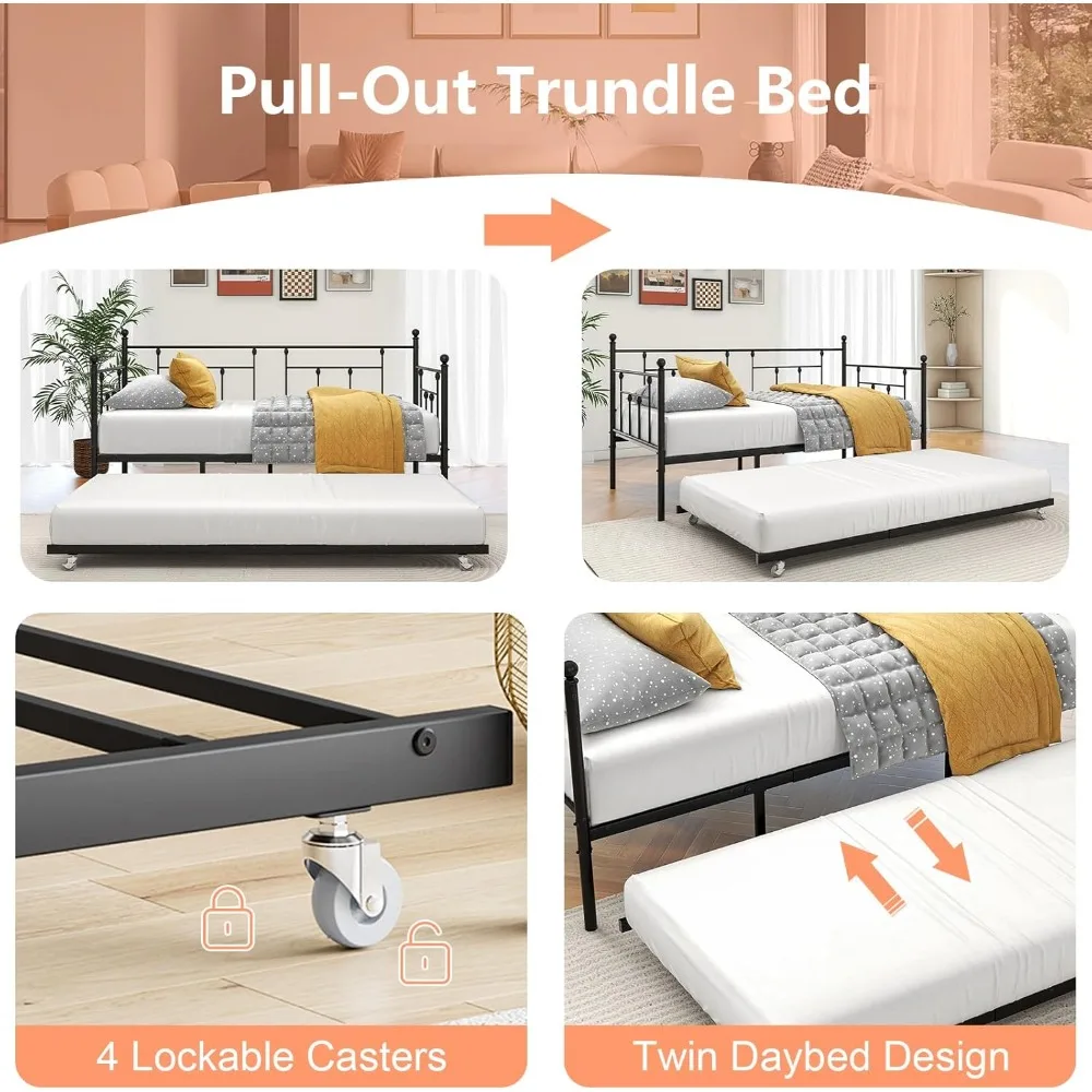 Twin Size Metal Daybed with Pull Out Trundle, Modern 2 in 1 Sofa Bed Frame for Kids Teens Adults,Single Daybed Sofa Bed