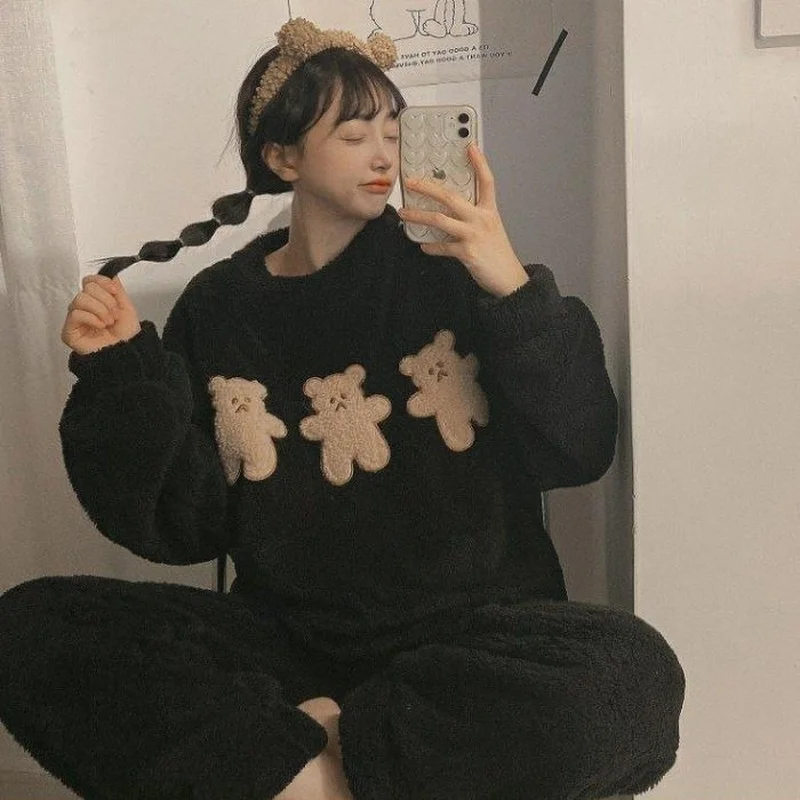 Winter Flannel Pajama Sets Women Thicker Plus Velvet Two Pieces Student Ins Cute Fluffy Warm Various Kinds Cozy Harajuku Female