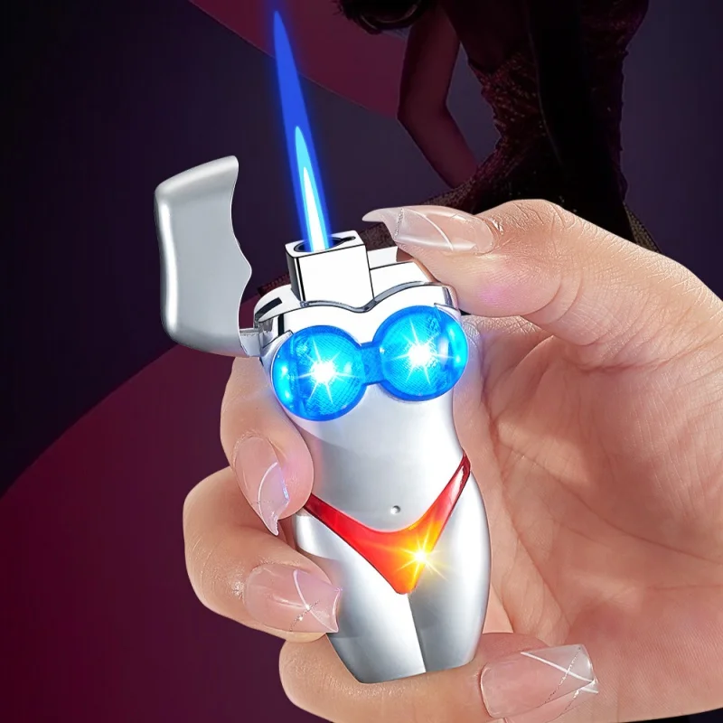 NEW Creative Glowing Bikini Design Jet Blue Flame Gas Lighter Metal Windproof Portable Turbine Torch Unusual Lighter Men's Gift