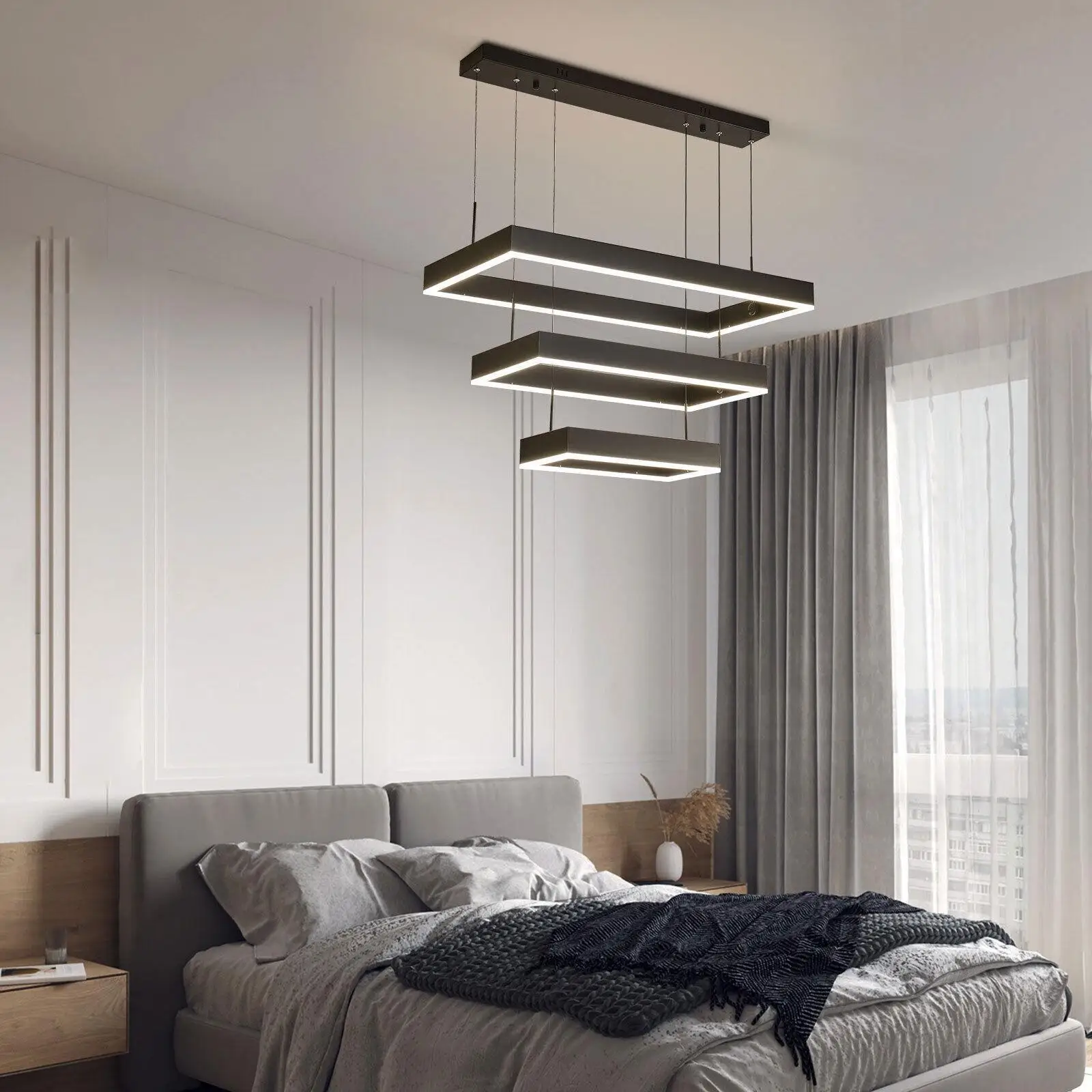 Modern LED Chandelier Hanging Pendant Lamp Dimmable Ceiling Light with Remote Room Decor