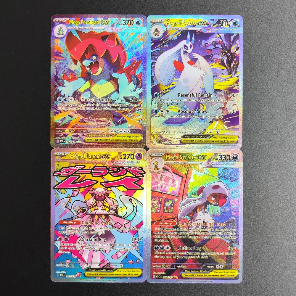 

4Pcs Proxy 2026 Pokemon EN Card MEGA ASC Diancie Feraligatr Froslass Scrafty Super Rare Collectibles Card Single Anime Cards Toy